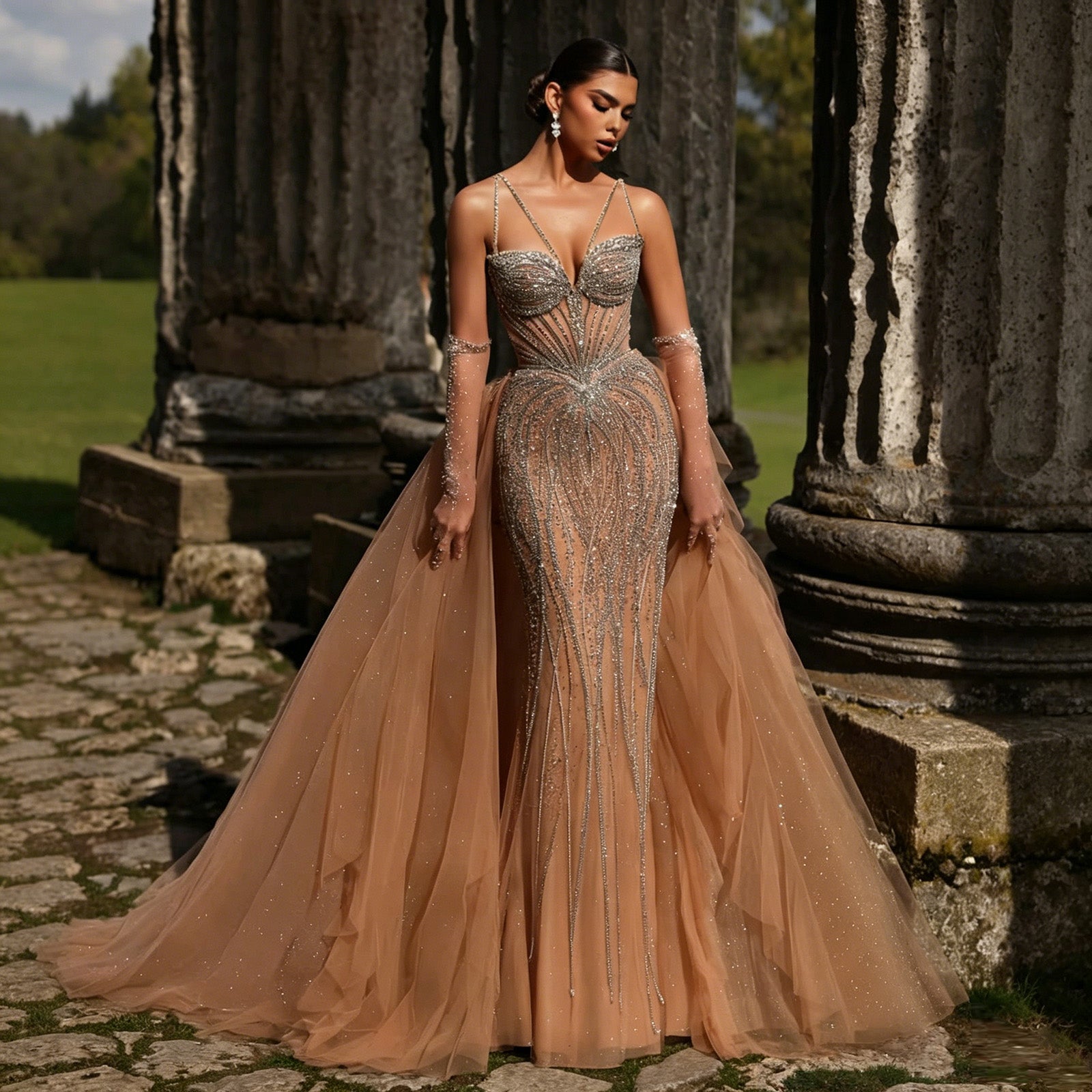 Women’s Mermaid Evening Gown – Beaded Tulle Overskirt | Alinovia