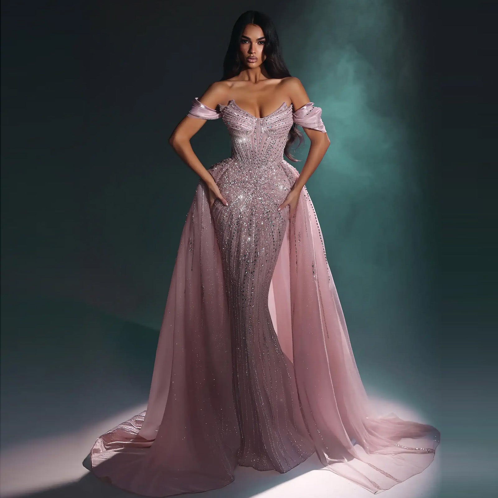 Luxury Off Shoulder Crystal Beaded Mermaid Prom Dress With Overskirt Train | Elegant Formal Evening Gown