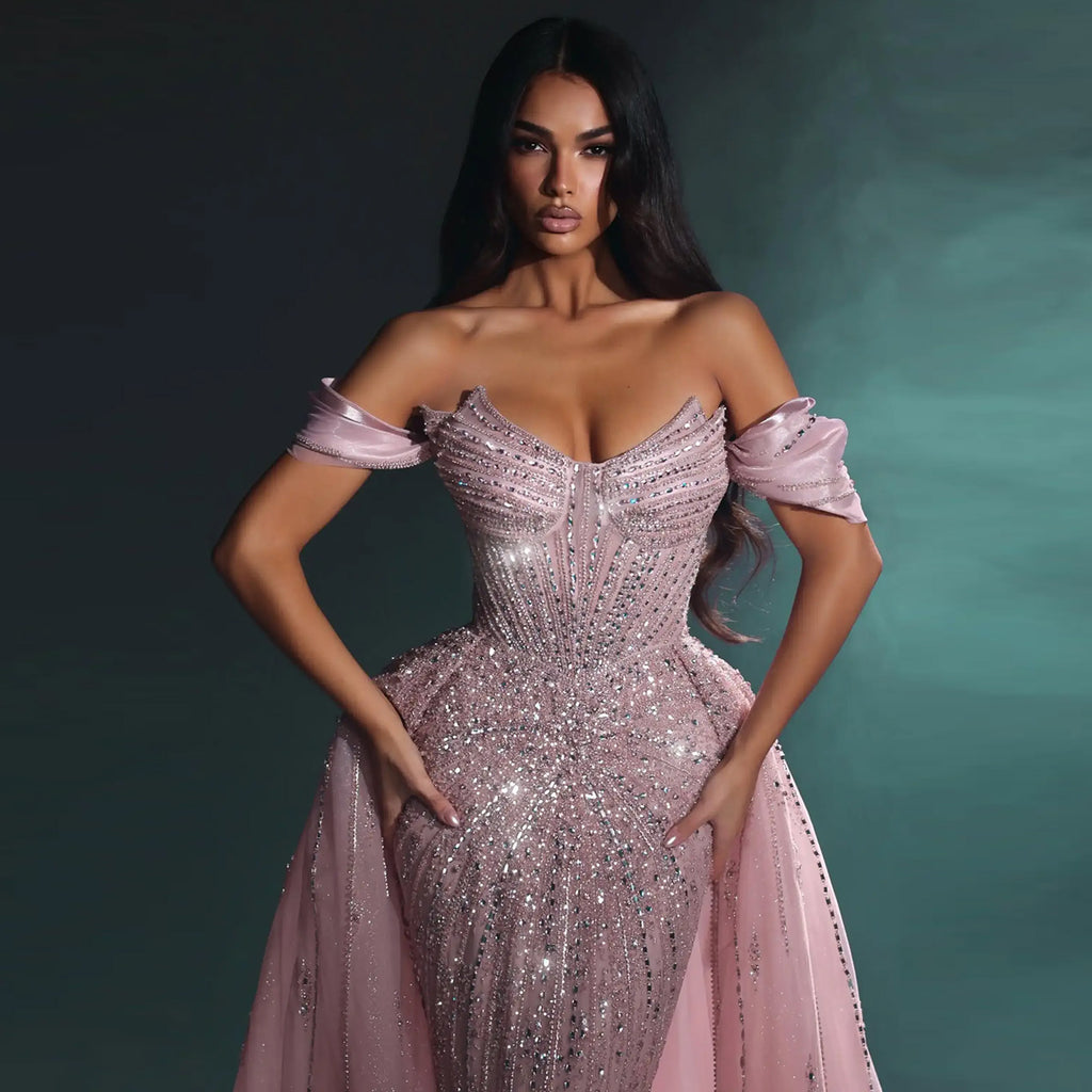 Luxury Off Shoulder Crystal Beaded Mermaid Prom Dress With Overskirt Train | Elegant Formal Evening Gown