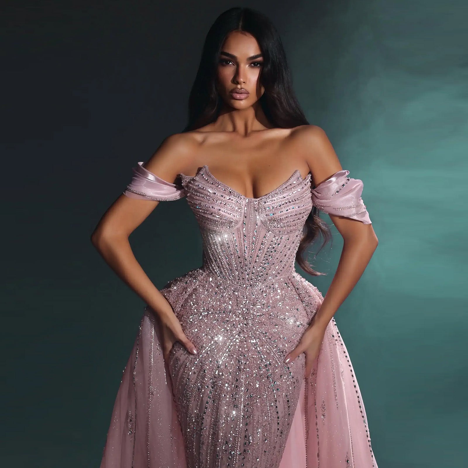 Luxury Off Shoulder Crystal Beaded Mermaid Prom Dress With Overskirt Train | Elegant Formal Evening Gown