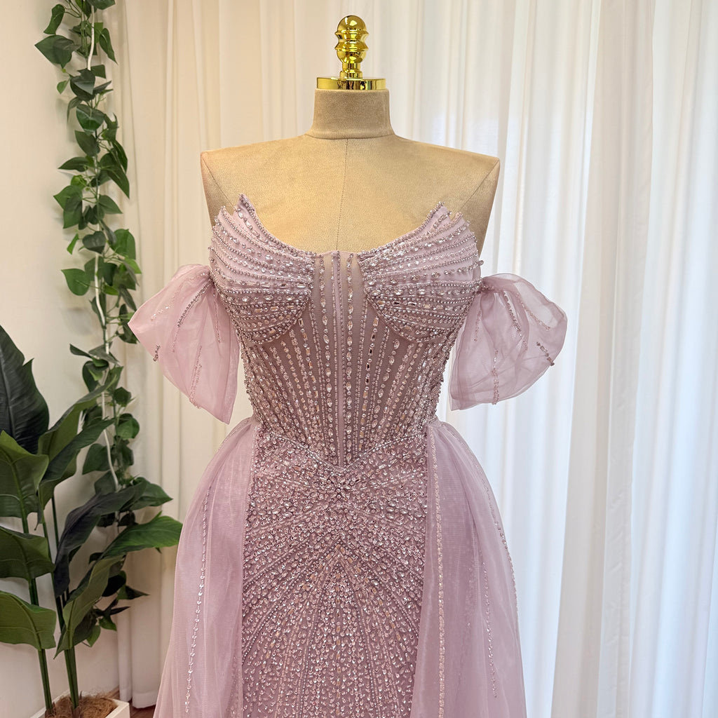 Luxury Off Shoulder Crystal Beaded Mermaid Prom Dress With Overskirt Train | Elegant Formal Evening Gown