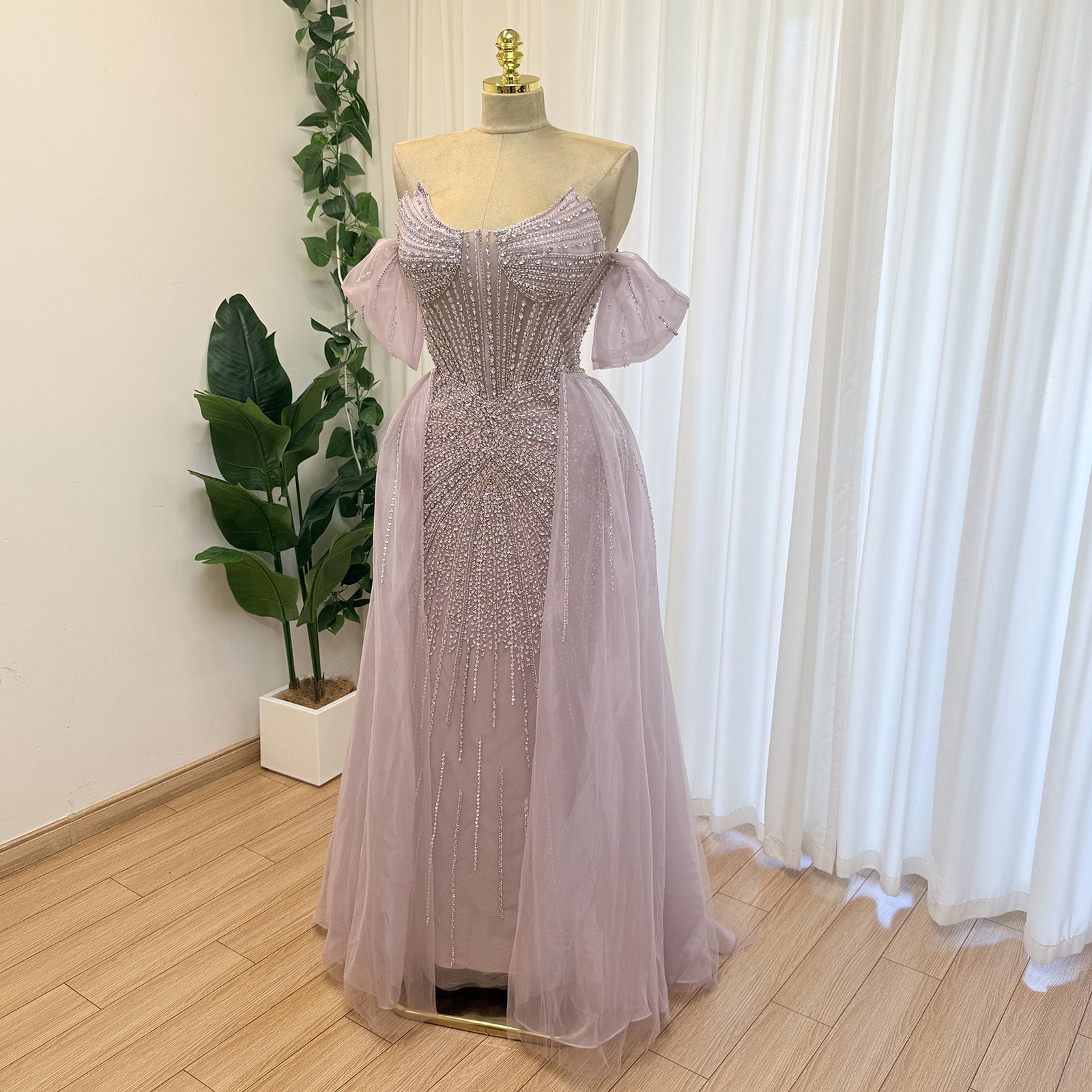 Luxury Off Shoulder Crystal Beaded Mermaid Prom Dress With Overskirt Train | Elegant Formal Evening Gown