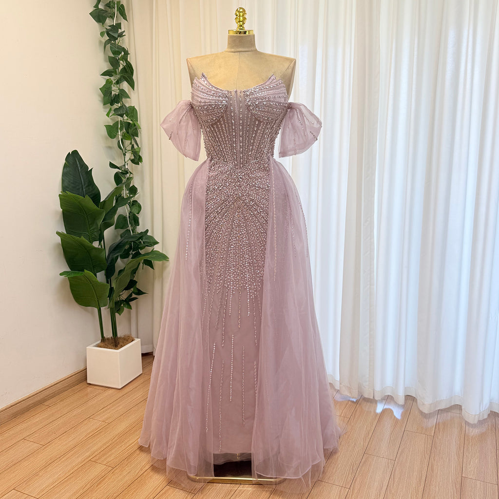 Luxury Off Shoulder Crystal Beaded Mermaid Prom Dress With Overskirt Train | Elegant Formal Evening Gown