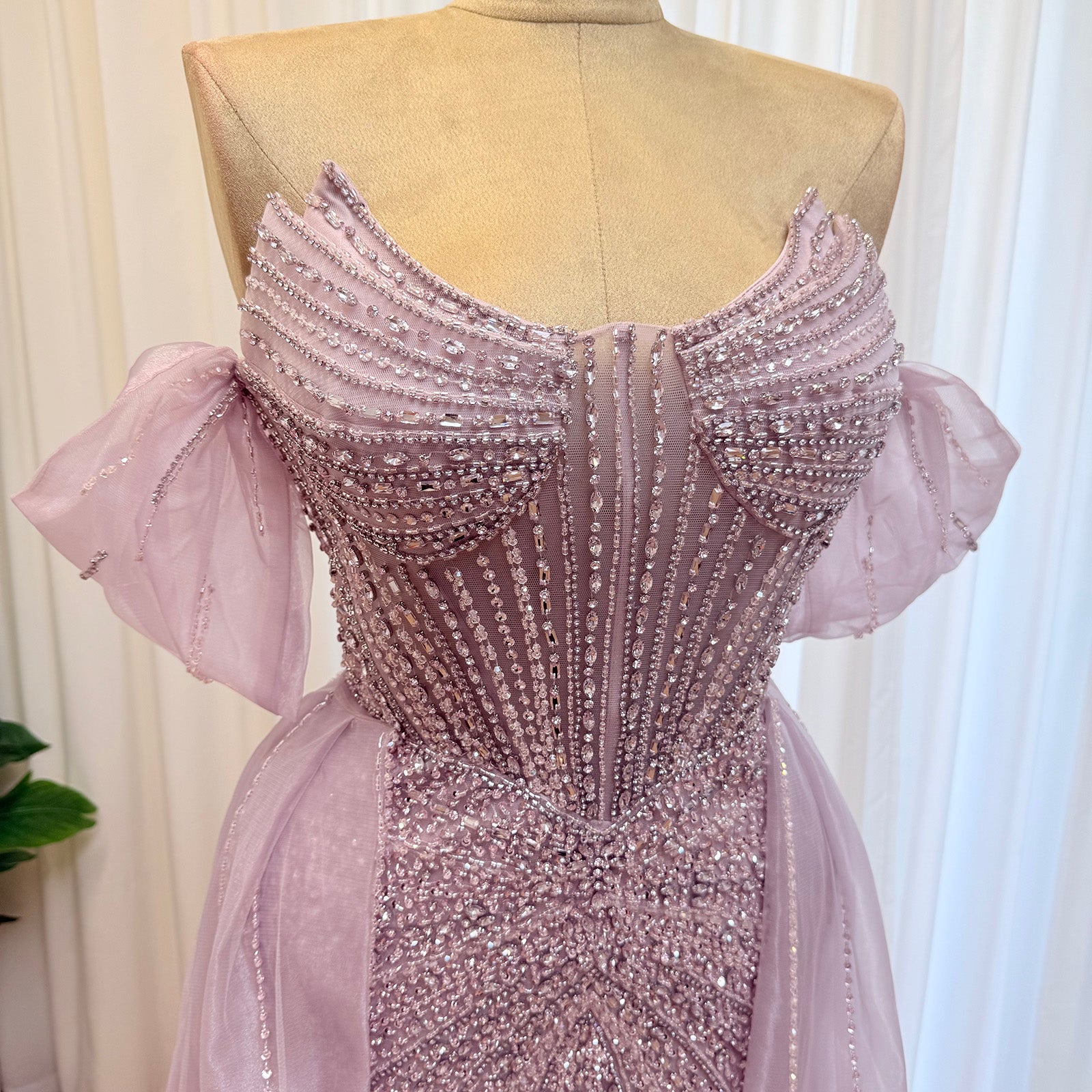 Luxury Off Shoulder Crystal Beaded Mermaid Prom Dress With Overskirt Train | Elegant Formal Evening Gown