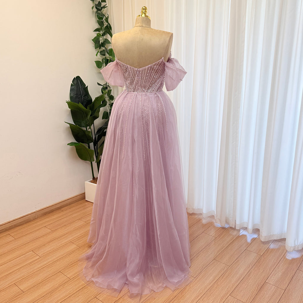 Luxury Off Shoulder Crystal Beaded Mermaid Prom Dress With Overskirt Train | Elegant Formal Evening Gown