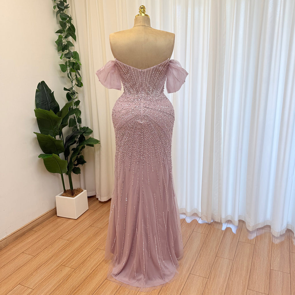 Luxury Off Shoulder Crystal Beaded Mermaid Prom Dress With Overskirt Train | Elegant Formal Evening Gown