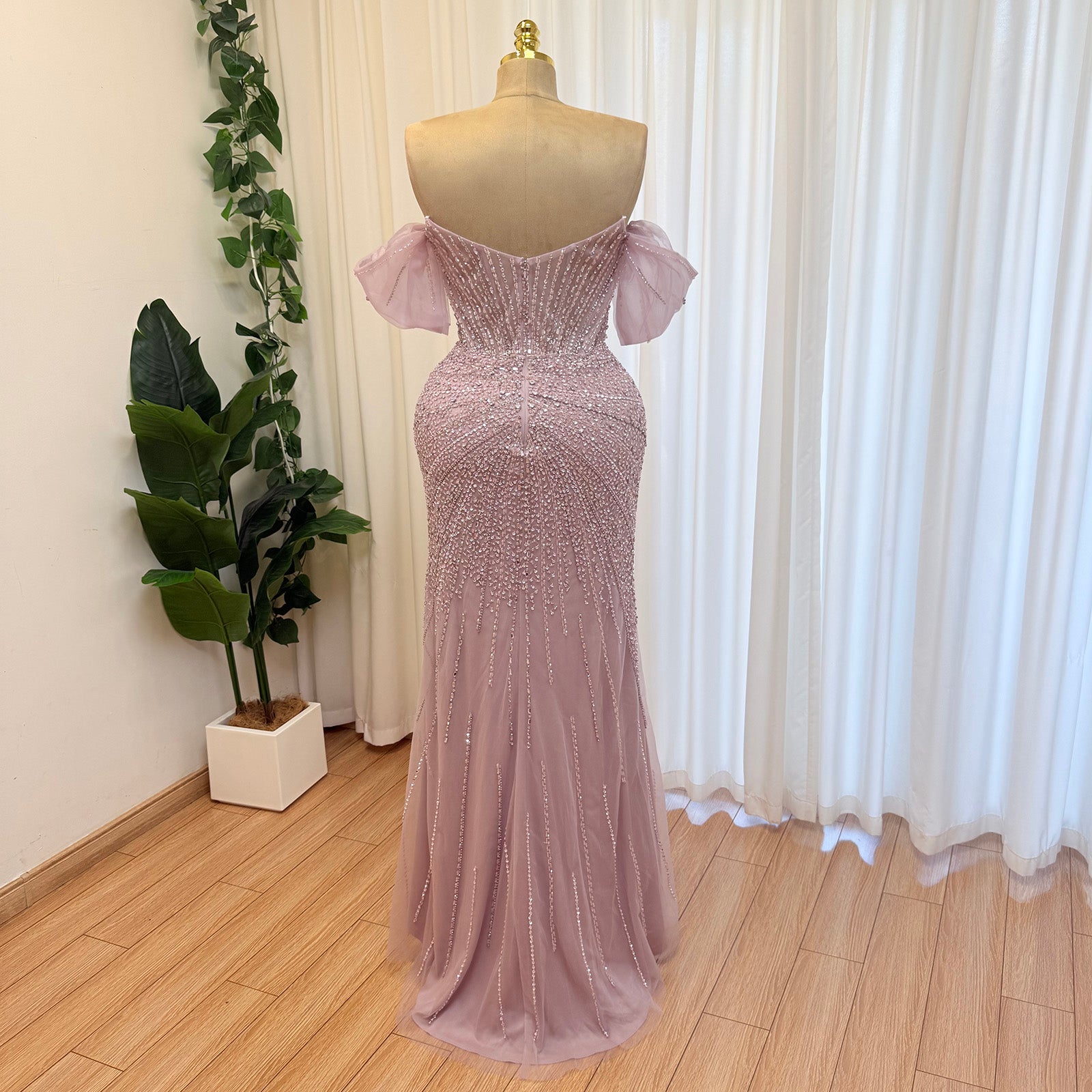Luxury Off Shoulder Crystal Beaded Mermaid Prom Dress With Overskirt Train | Elegant Formal Evening Gown
