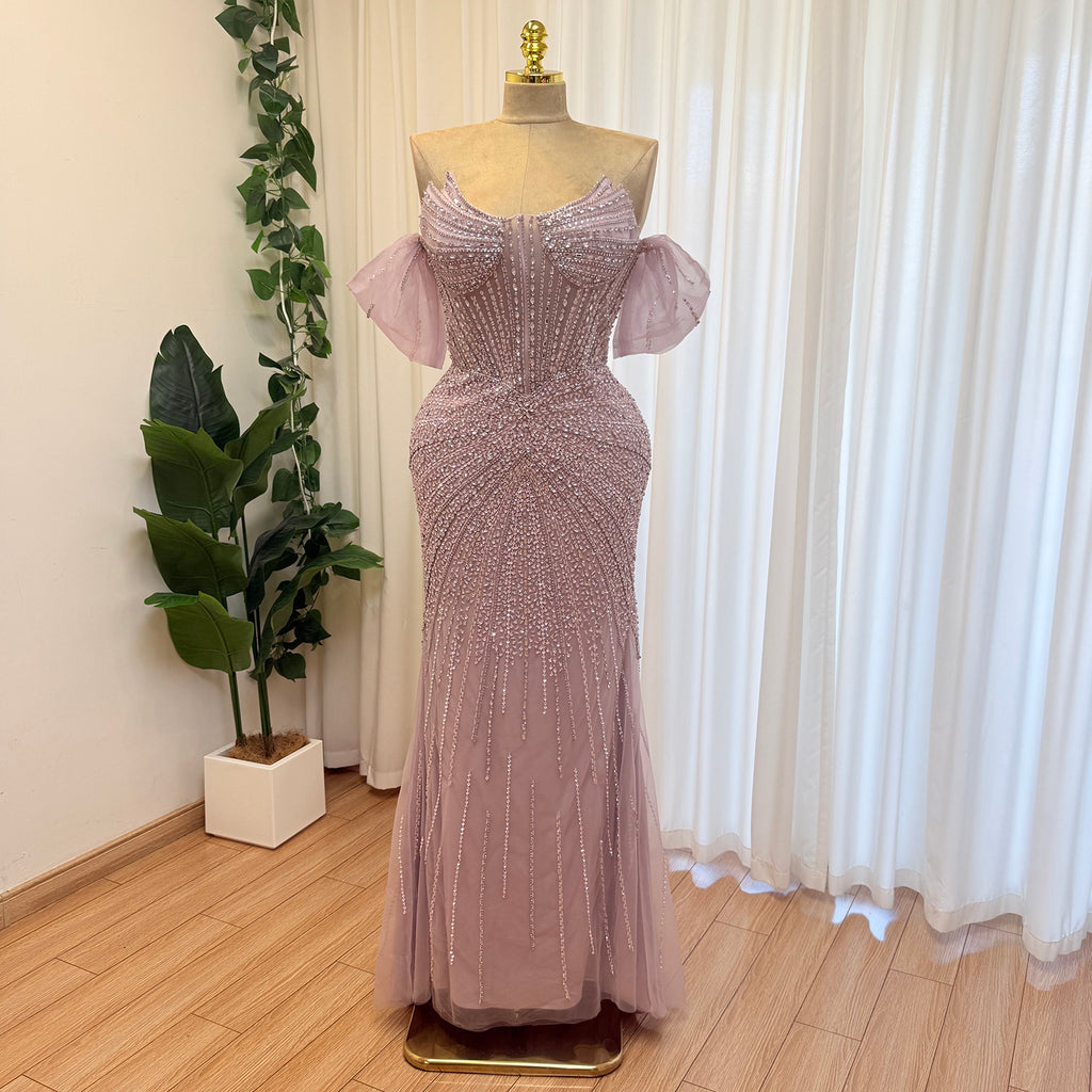 Luxury Off Shoulder Crystal Beaded Mermaid Prom Dress With Overskirt Train | Elegant Formal Evening Gown