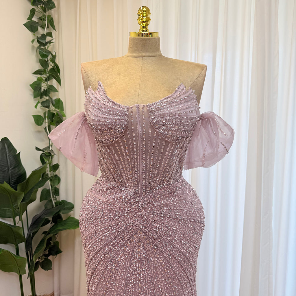 Luxury Off Shoulder Crystal Beaded Mermaid Prom Dress With Overskirt Train | Elegant Formal Evening Gown