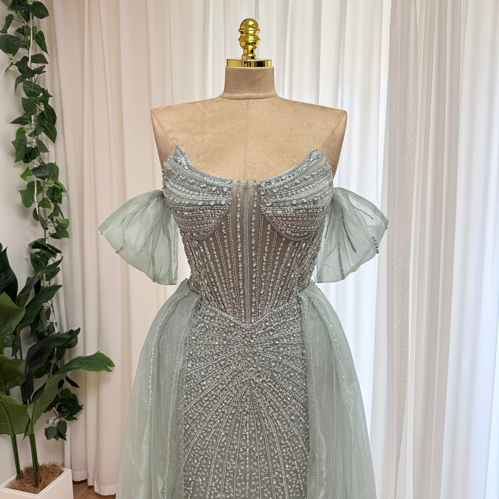 Luxury Off Shoulder Crystal Beaded Mermaid Prom Dress With Overskirt Train | Elegant Formal Evening Gown