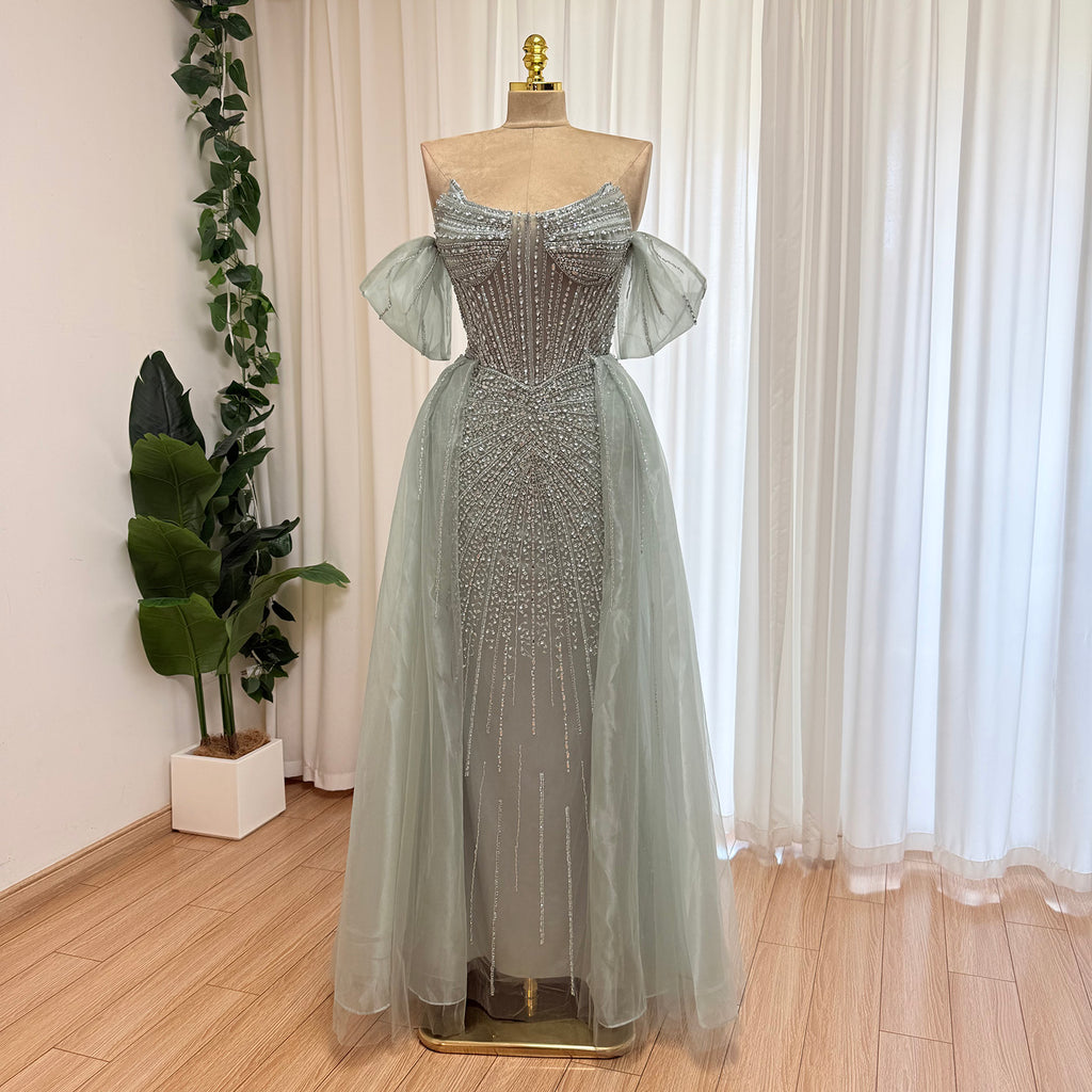 Luxury Off Shoulder Crystal Beaded Mermaid Prom Dress With Overskirt Train | Elegant Formal Evening Gown