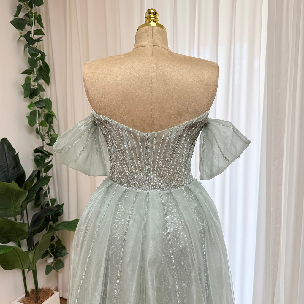Luxury Off Shoulder Crystal Beaded Mermaid Prom Dress With Overskirt Train | Elegant Formal Evening Gown