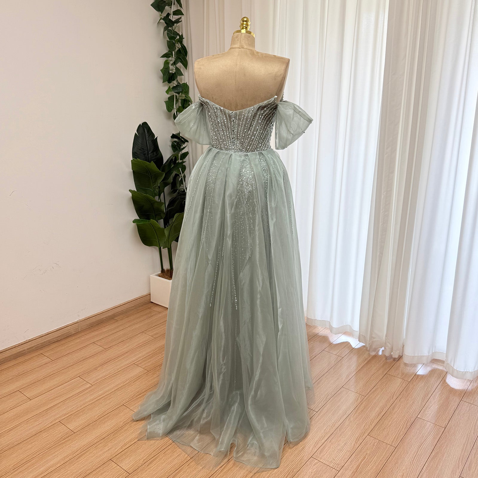 Luxury Off Shoulder Crystal Beaded Mermaid Prom Dress With Overskirt Train | Elegant Formal Evening Gown