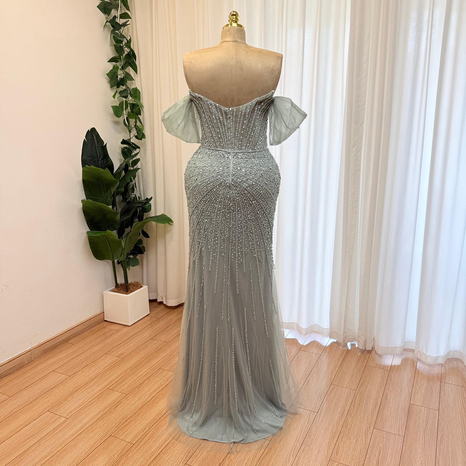 Luxury Off Shoulder Crystal Beaded Mermaid Prom Dress With Overskirt Train | Elegant Formal Evening Gown
