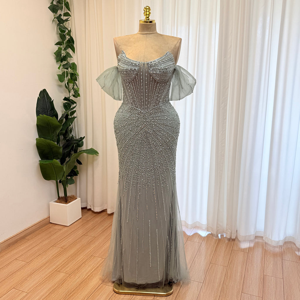 Luxury Off Shoulder Crystal Beaded Mermaid Prom Dress With Overskirt Train | Elegant Formal Evening Gown