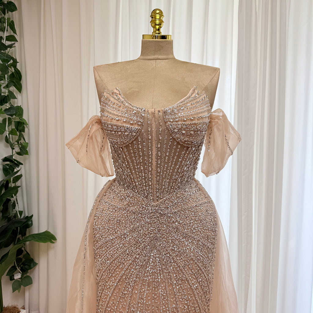 Luxury Off Shoulder Crystal Beaded Mermaid Prom Dress With Overskirt Train | Elegant Formal Evening Gown