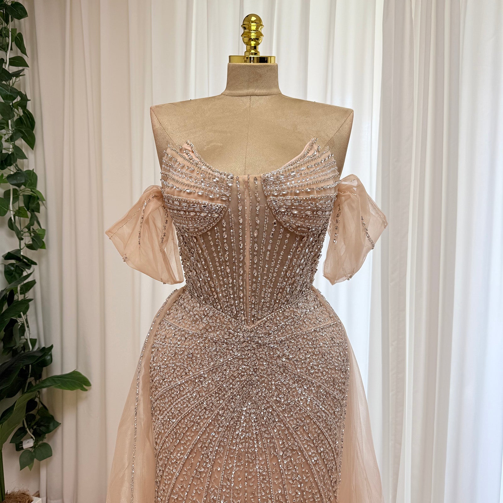 Luxury Off Shoulder Crystal Beaded Mermaid Prom Dress With Overskirt Train | Elegant Formal Evening Gown