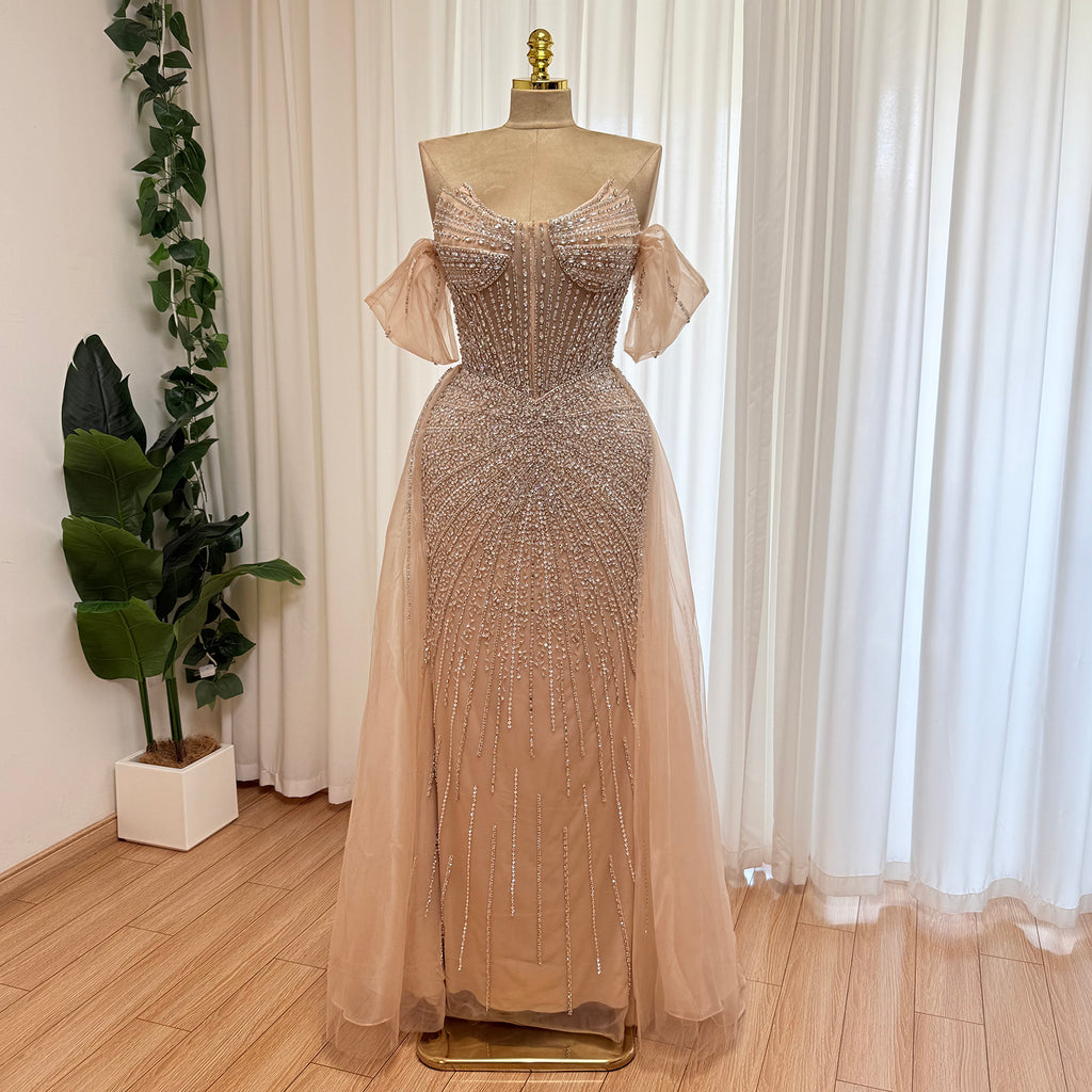 Luxury Off Shoulder Crystal Beaded Mermaid Prom Dress With Overskirt Train | Elegant Formal Evening Gown