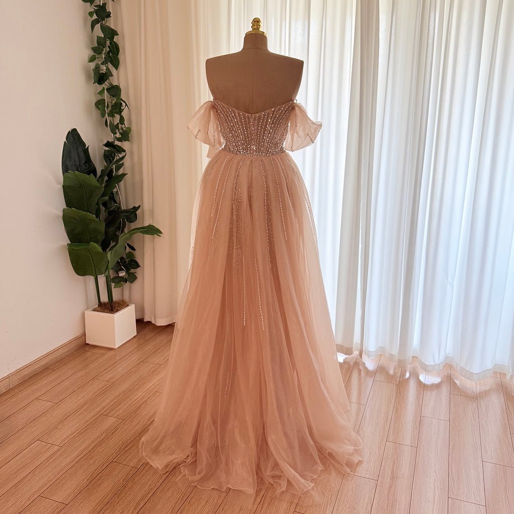 Luxury Off Shoulder Crystal Beaded Mermaid Prom Dress With Overskirt Train | Elegant Formal Evening Gown