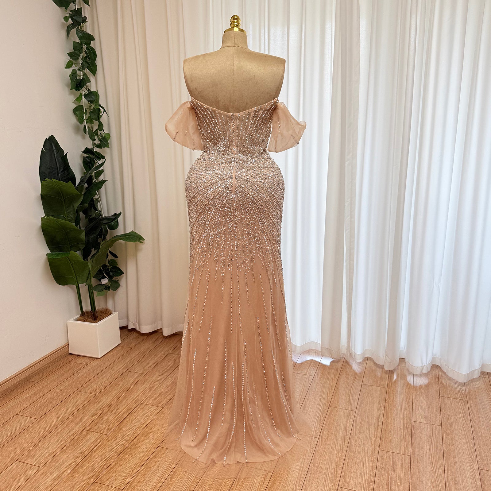 Luxury Off Shoulder Crystal Beaded Mermaid Prom Dress With Overskirt Train | Elegant Formal Evening Gown
