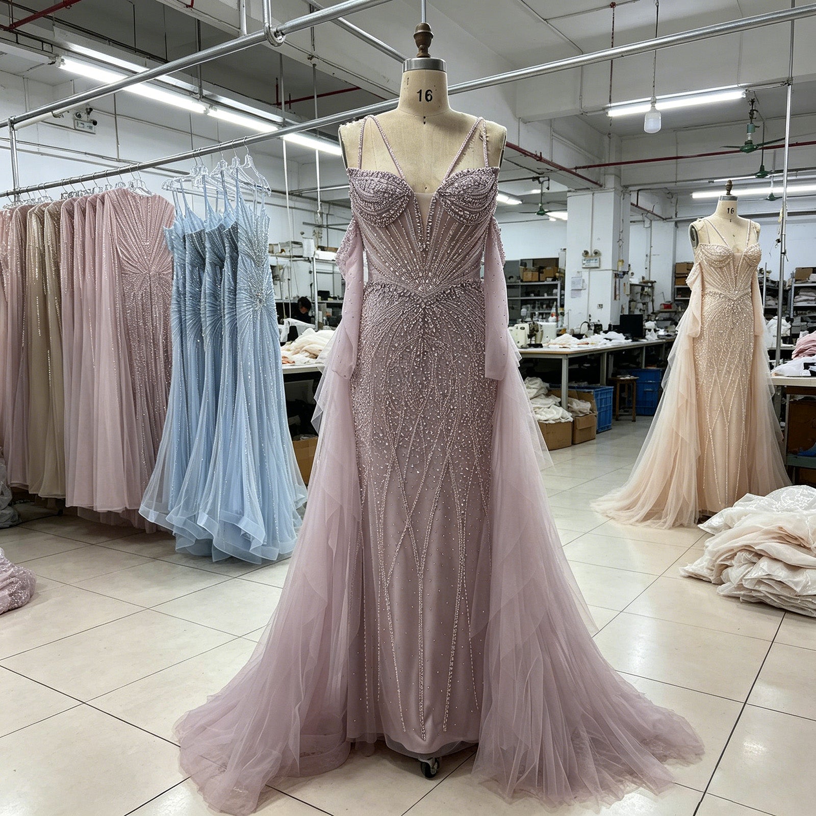 Women’s Mermaid Evening Gown – Beaded Tulle Overskirt | Alinovia