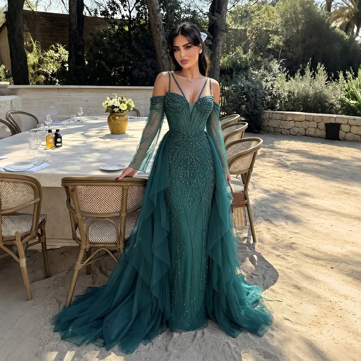 Women’s Mermaid Evening Gown – Beaded Tulle Overskirt | Alinovia